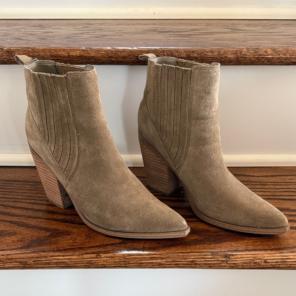 Marc Fisher Taupe Suede Boots with Stacked Heel